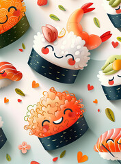 Vibrant Invitation to Friendship Day Featuring Smiling Sushi and Shio SoymJason, With Adorable Cartoon Characters and Pastel Hues, Summer Vector Illustration