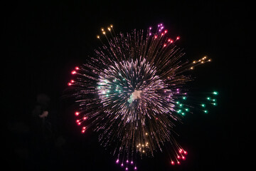 Huge multi coloured fireworks on the dark sky background. Fireworks festival celebration from Loto Quebec. 