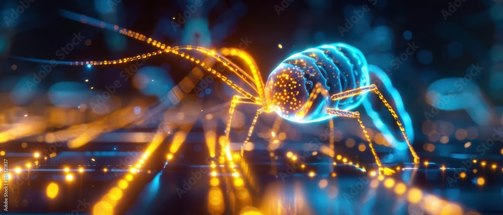 Poster futuristic digital illustration of a glowing bug on a high-tech circuit board, representing technolo