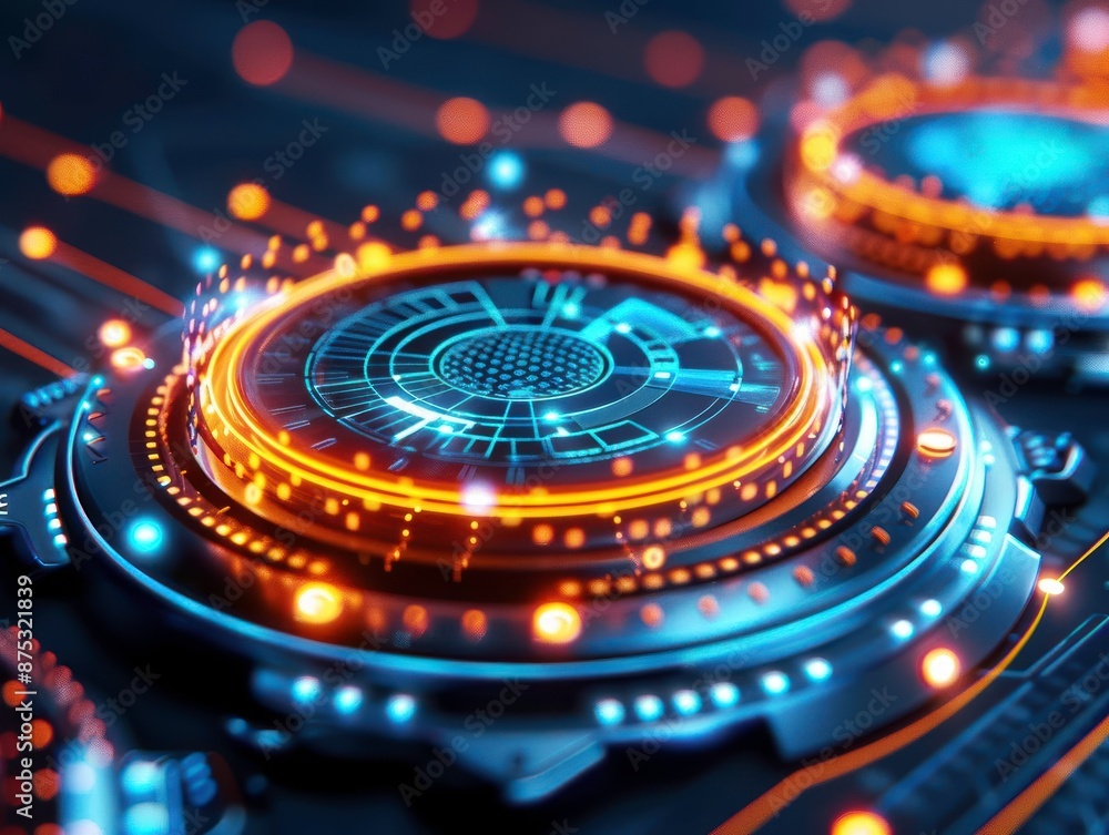 Poster futuristic digital interface with glowing circuits and holographic elements, showcasing advanced tec