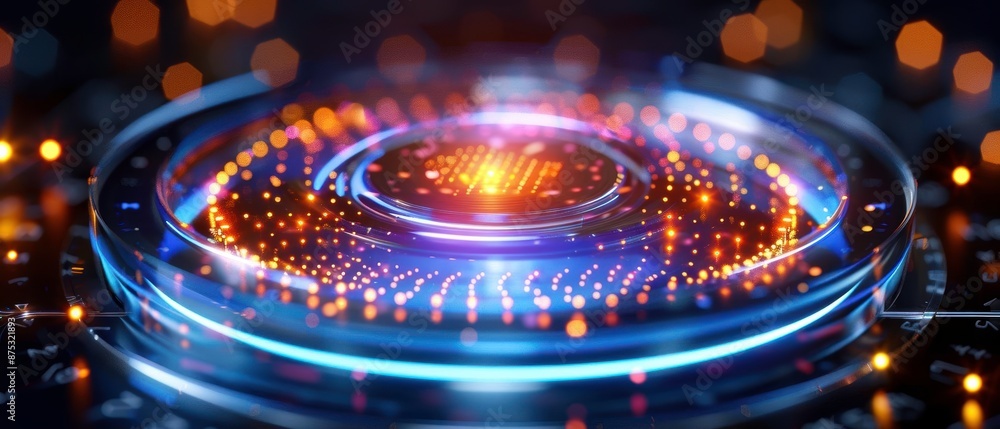 Poster futuristic glowing technology interface with digital lights and abstract design, representing advanc