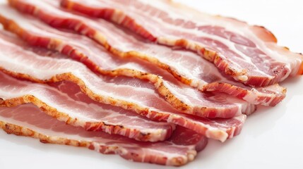 Obraz premium Close-up of perfectly sliced raw bacon strips on a white background, ideal for breakfast recipes, food blogs, and culinary applications.