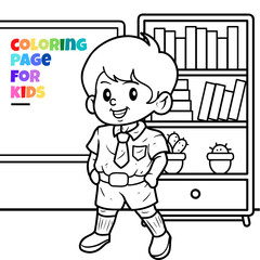 Line art of the boy is standing in the classroom, coloring page illustration.