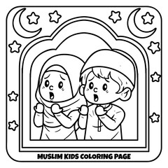 Line art of the muslim boy and girl praying with frame decoration style, coloring page illustration.