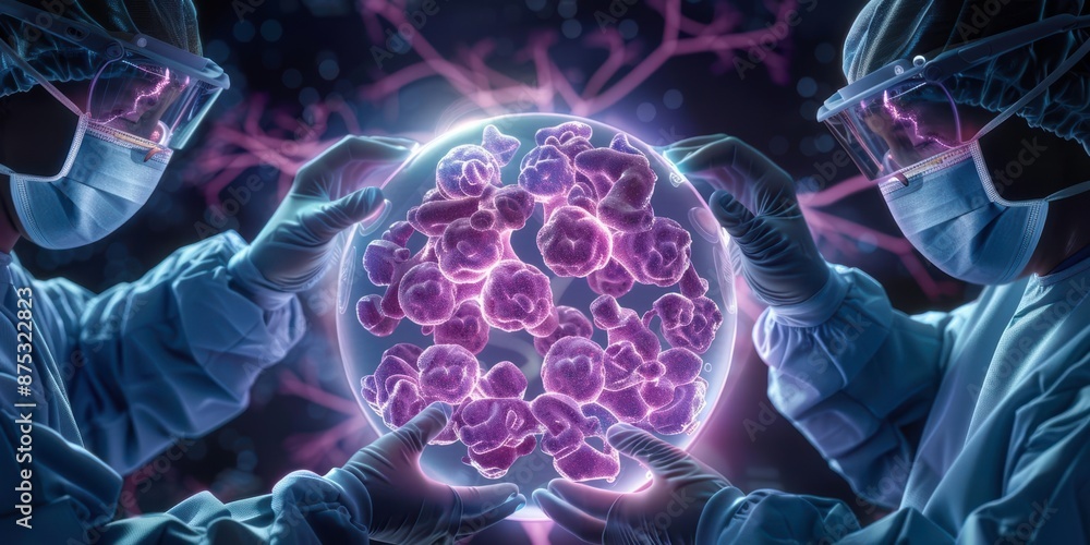 Poster scientists analyzing cells under a microscope with digital enhancement, showcasing advanced biomedic