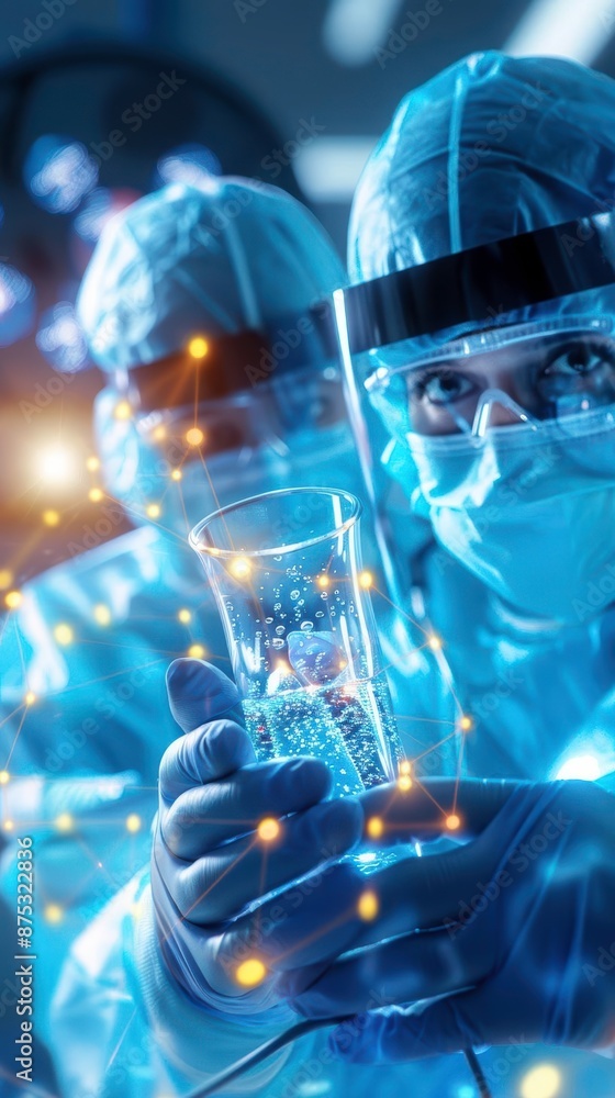 Poster scientists in protective gear conducting an experiment in a high-tech laboratory. science, technolog