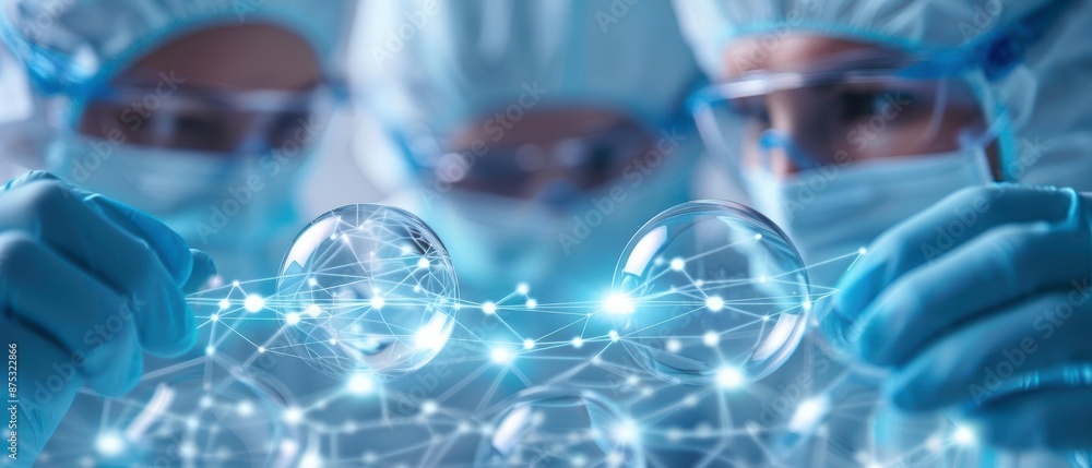 Poster scientists working on futuristic technology with network connections, holograms, and molecular struc