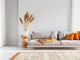 Oriental minimalist living room interiors with plain window lighting in a zen composition with minimal furniture.