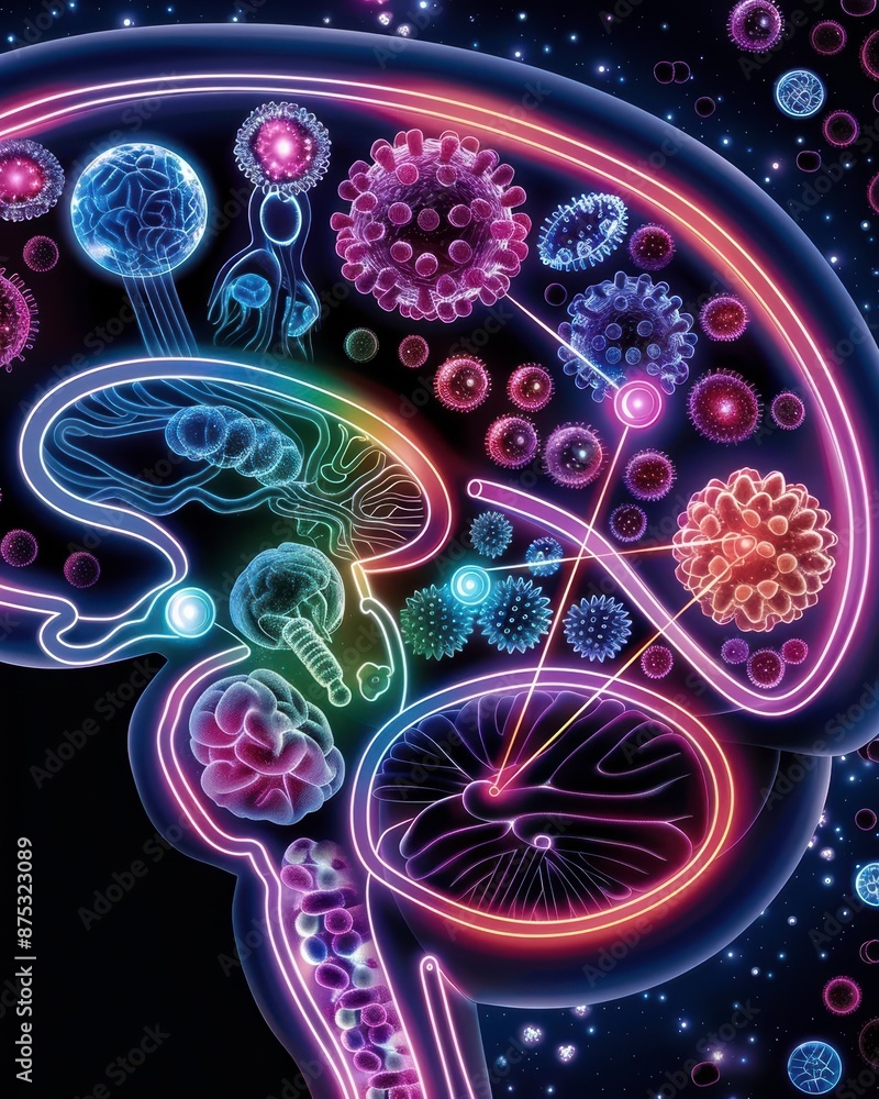 Poster vivid illustration of the human brain showcasing neural networks and intricate pathways, highlightin
