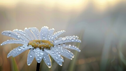 A serene image of a single daisy covered in dewdrops, with each drop acting like a tiny magnifying glass amplifying the delicate petal textures. The background features a soft morning haze.