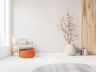 Oriental minimalist living room interiors with plain window lighting in a zen composition with minimal furniture.