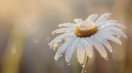 A serene image of a single daisy covered in dewdrops, with each drop acting like a tiny magnifying glass amplifying the delicate petal textures. The background features a soft morning haze.