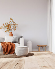 Oriental minimalist living room interiors with plain window lighting in a zen composition with minimal furniture.