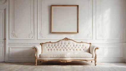 Nice white sofa with a white picture on the back wall. Beautiful antique sofa in interior. Useful for poster