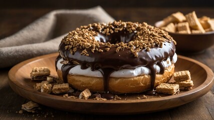 smores donut a donut with chocolate icing marshmallow served aesthetically in a wooden plate and table