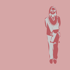 A kind-hearted Asian woman wearing a tight-fitting outfit Standing comfortably with hands crossed behind one's back in a monotone red graphic.