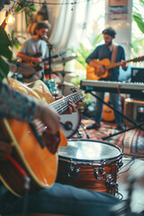 music, people, musical instruments and entertainment concept - male guitarist playing electric guitar at studio rehearsal