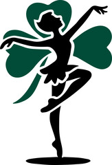 Silhouette of a dancer in front of a green four-leaf clover, symbolizing luck and grace. Artistic and elegant illustration.