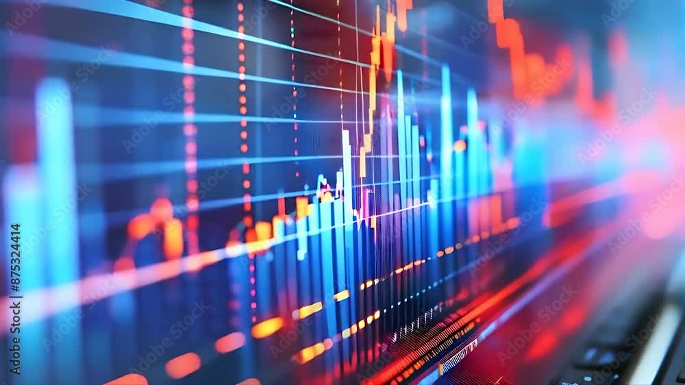 Poster a close-up shot of a computer screen displaying vibrant stock market charts, with lines and bars flu