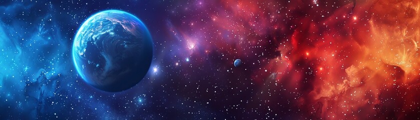 Earth and moon in a colorful nebula with stars in the background