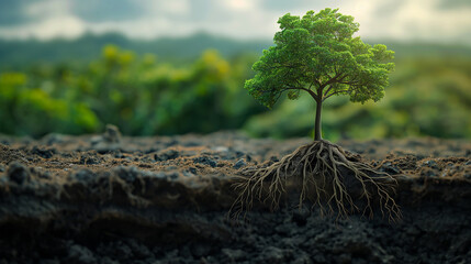 Young tree with its roots growing deep into the soil