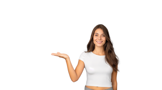 girl presenting product, pretty girl holding invisible product on hand isolated on gray background with copy space