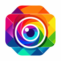 A rainbow stylized camera icon composed of geometric shapes