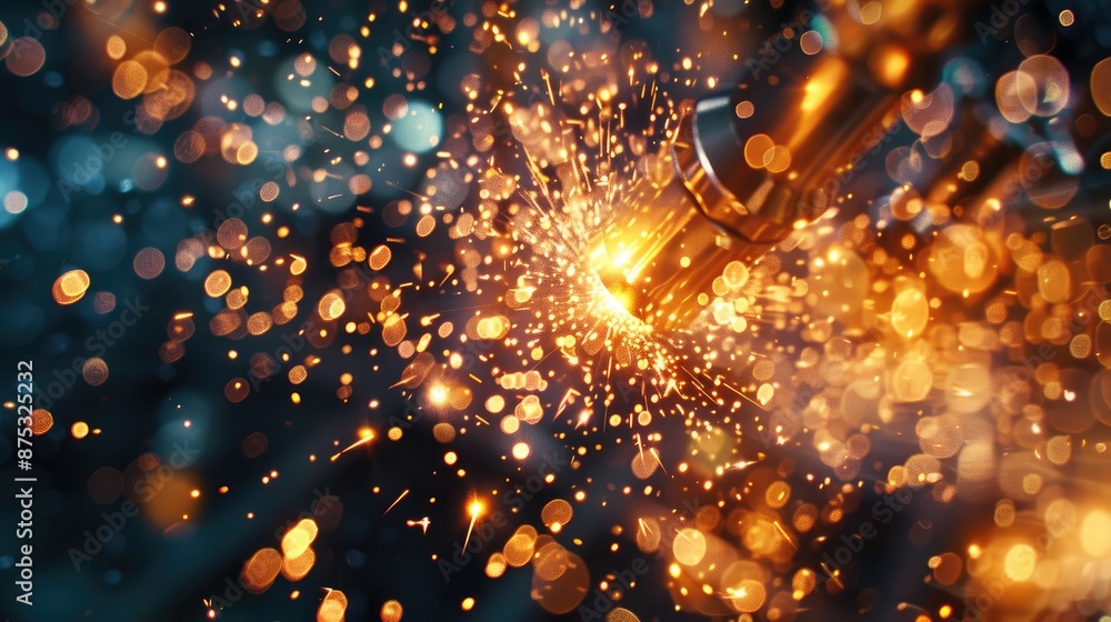 Poster close up view of plasma sparks in laser cutting and engraving processes with cnc controlled robot on