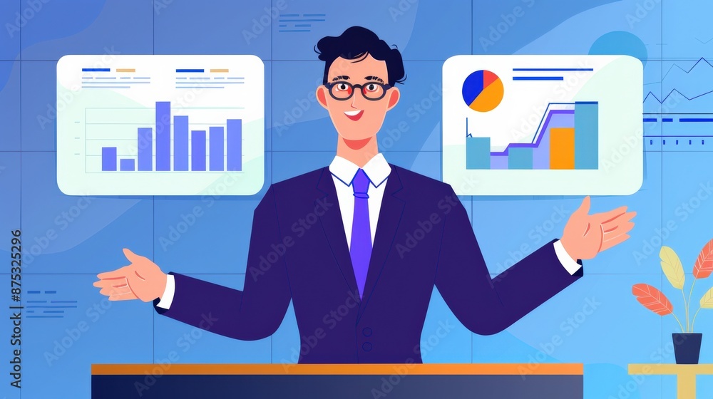 Poster a man in a suit stands in front of a large monitor displaying graphs and charts. he is giving a pres
