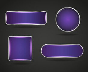 Purple gradient silver frame website button set. Circle square glossy frame