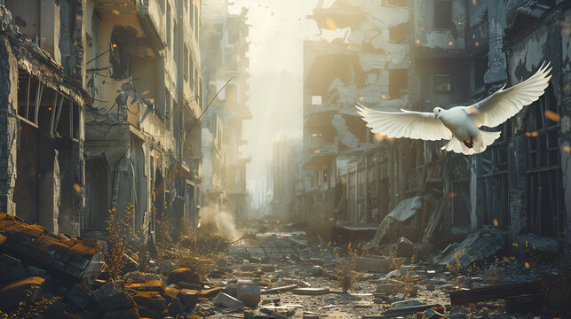 una paloma de paz esperanza y libertad en el mundo sobre un fondo de una ciudad destruida por las calles desolada y sin esperanza