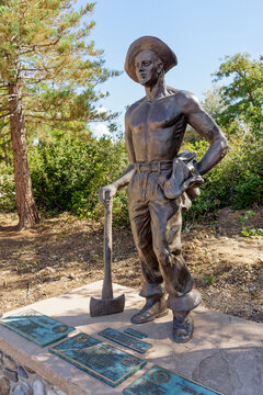 Santa Fe, NM - Sept. 24, 2021: This CCC Worker Statue honors the men of the Civilian Conservation Corps, a work program during the Depression, part of President Franklin D. Roosevelt's New Deal.