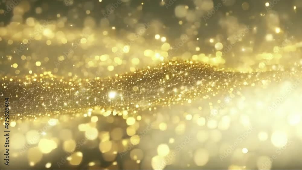 Poster gold glitter particles flow and shimmer, creating a mesmerizing display of light and movement.