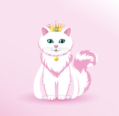 Cute vector white kitty princess with gold crown and bell. Sweet and funny drawing for little girls. Children's illustration. 