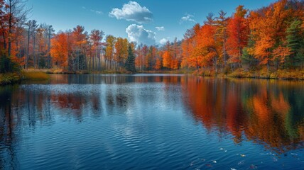 Obraz premium A serene lake surrounded by trees in full autumn splendor, with reflections of the colorful foliage shimmering on the water's surface