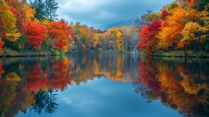 Fototapeta premium A serene lake surrounded by trees in full autumn splendor, with reflections of the colorful foliage shimmering on the water's surface