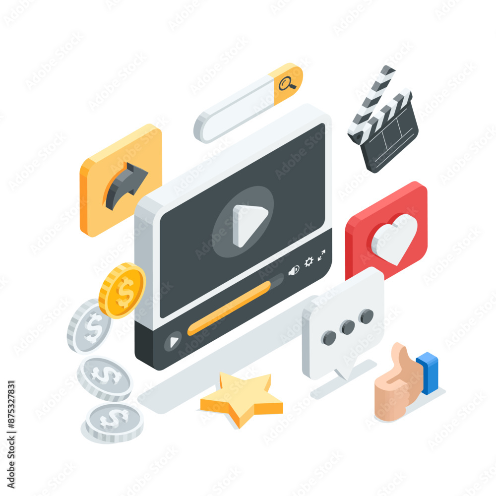 Poster isometric vector set of video player window and likes with comments, in color on a white background,