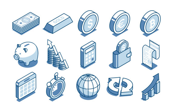 isometric vector set of linear icons on the theme of finance, in color on a white background, money and wallet with calculator and piggy bank with  calendar