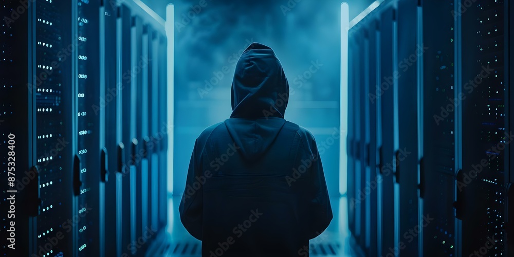 Poster government server breached by hacker using supercomputer on dark blue background. concept data breac