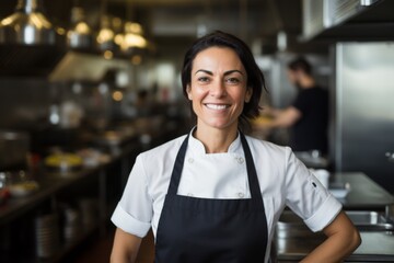 Fototapeta premium Portrait of a middle aged female Hispanic chef in kitchen