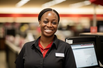 Portrait of a young female African American cashier in supermarket