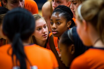Female basketball team huddle during game strategy talk