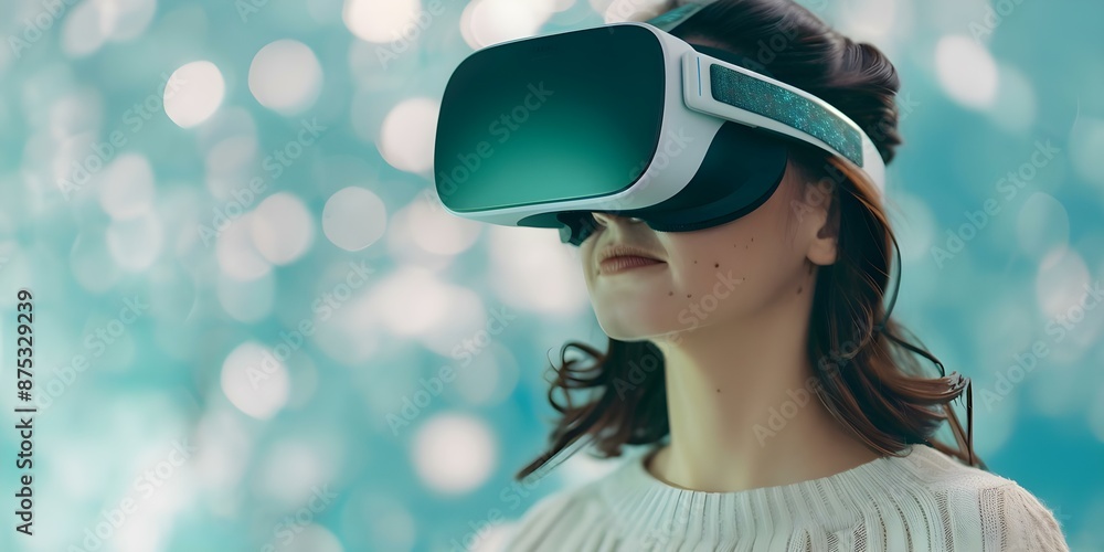 Poster blending digital and real worlds user in ar environment with vr headset. concept augmented reality, 