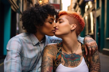 Obraz premium Young lesbian couple kissing in the city street