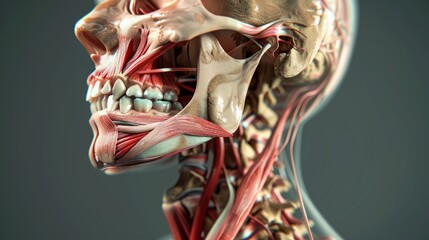 Detailed 3D rendering of human anatomy focusing on facial muscles, bones, and connective tissues with dark background.