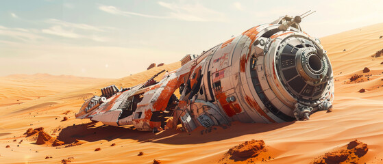 A crashed spaceship lies abandoned in the middle of a desolate desert landscape, bathed in the golden light of a setting sun.