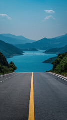 Realistic shot of an empty road leading to the blue waters and green mountains near Chongqing, with scenic views of Quanentshan Lake.Low angle. The scene includes roads, mountainous terrain