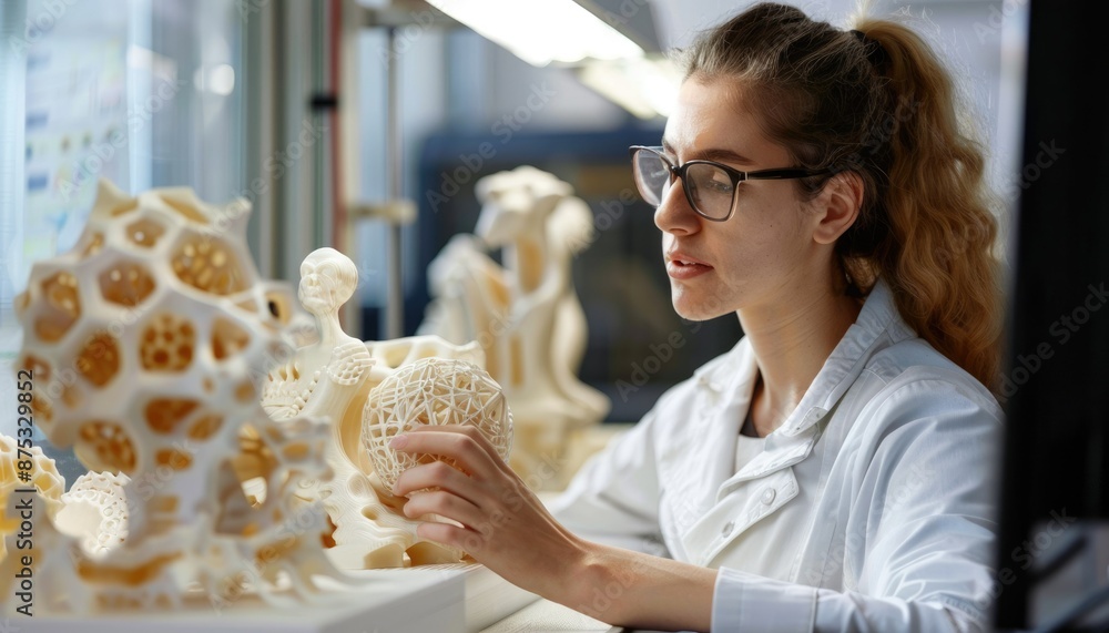Poster in an advanced technology laboratory, a female engineer is examining a 3d model on a computer screen