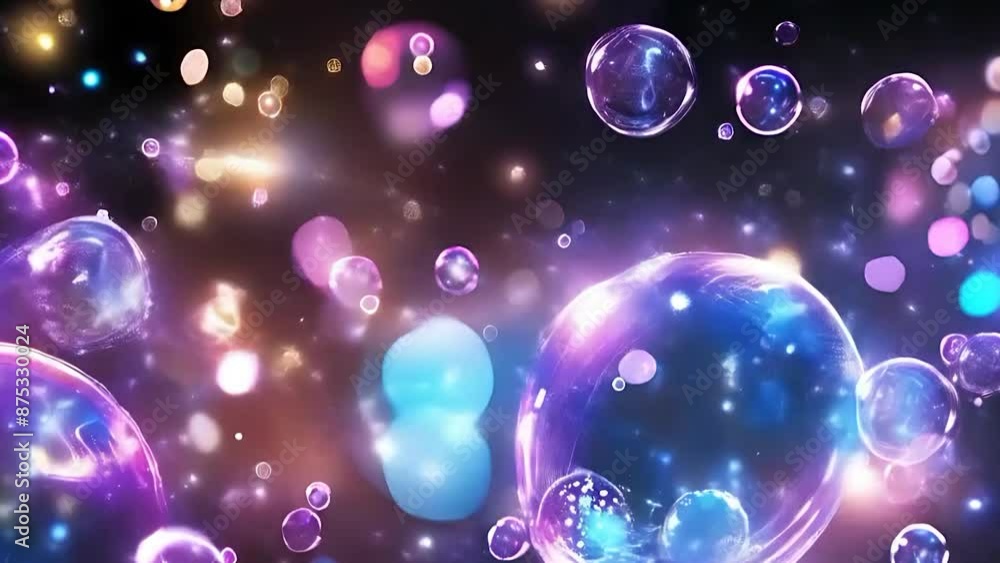Poster many colorful bubbles float and shimmer in a dark room.