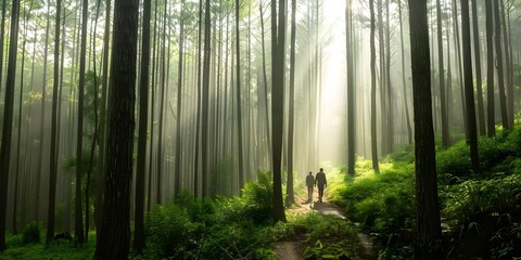 Fototapeta premium Huntergatherers forage in dense forest under filtered sunlight among towering trees. Concept Exploration, Nature, Wilderness, Survival, Adventure